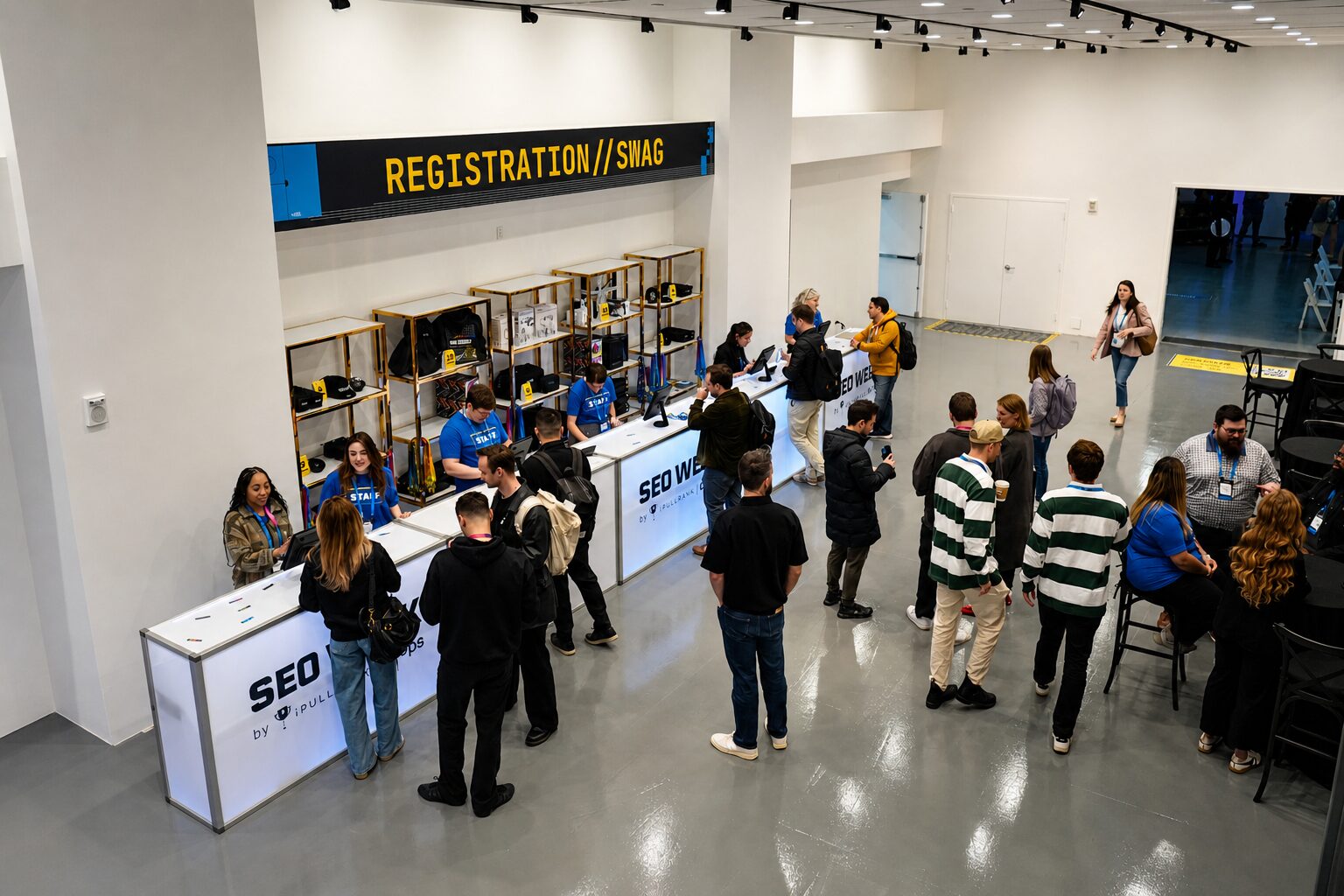 Overhead view of the registration and swag desk