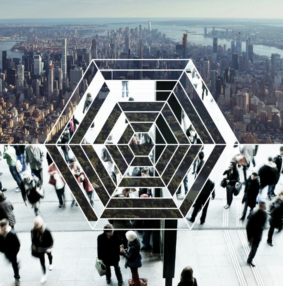 A city skyline and a busy crowd joined by a hexagonal grid