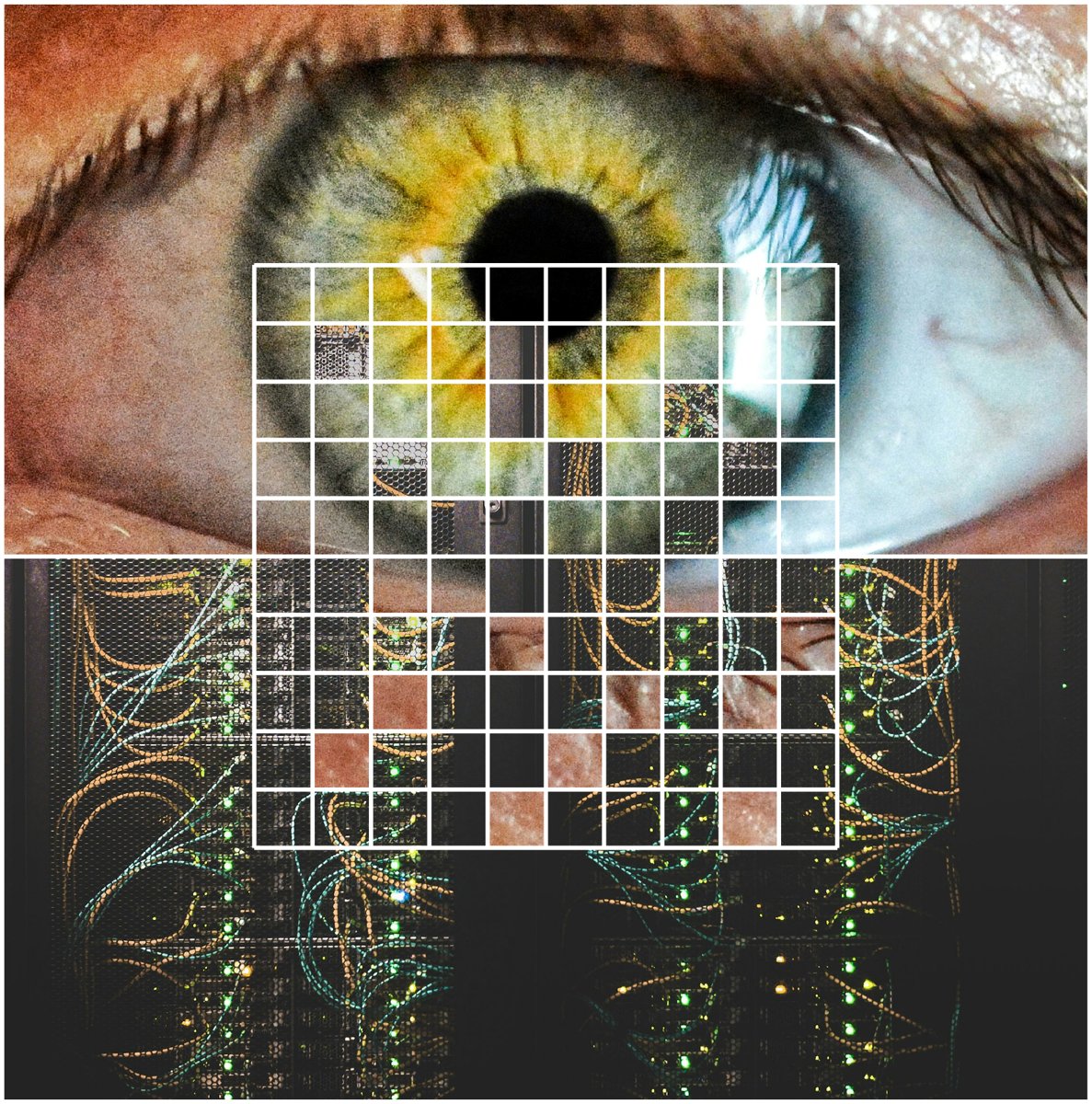 A close-up of a human eye and a server rack joined by the Relevance grid
