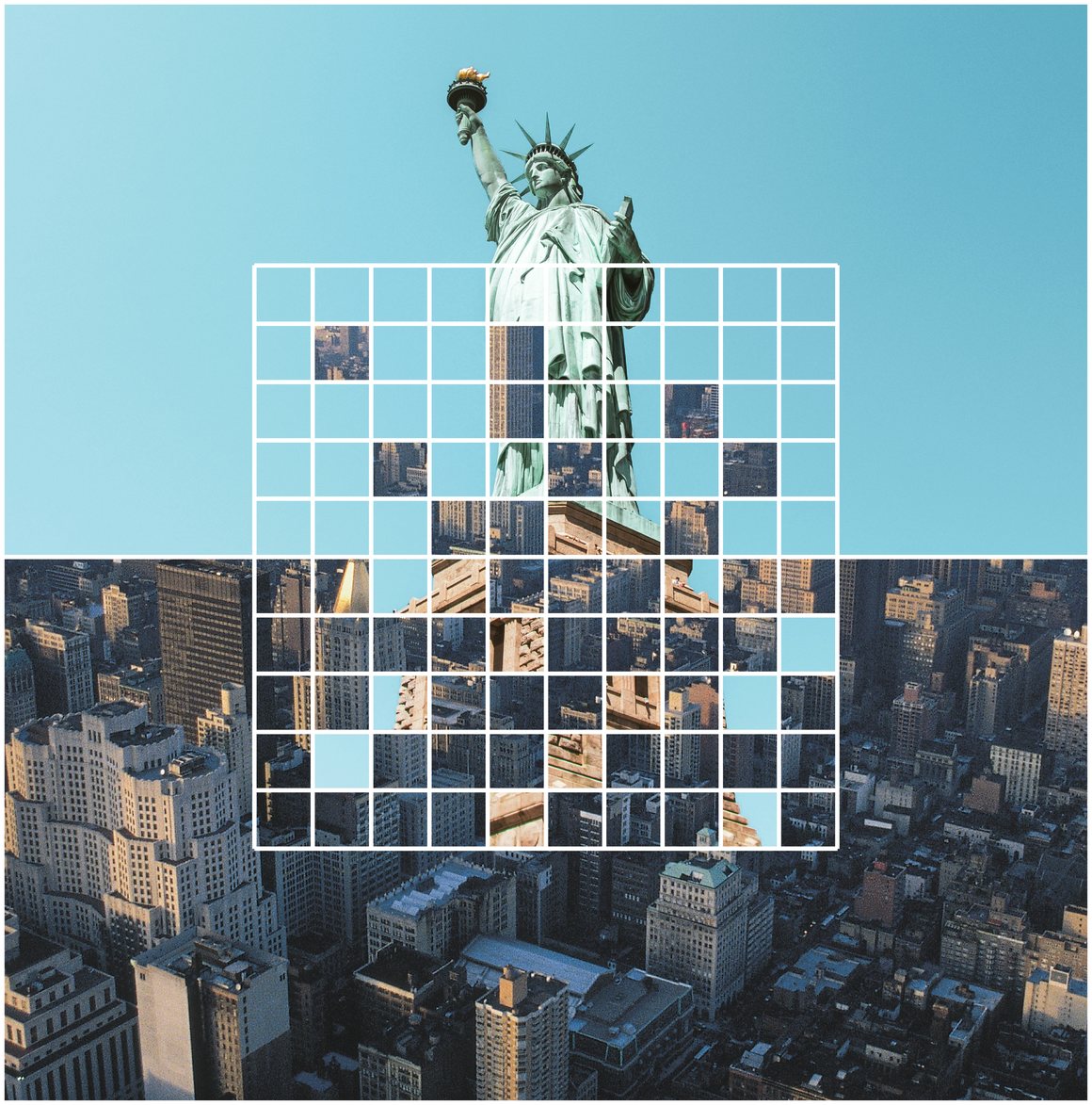 The Statue of Liberty and Manhattan skyline joined by the Relevance grid