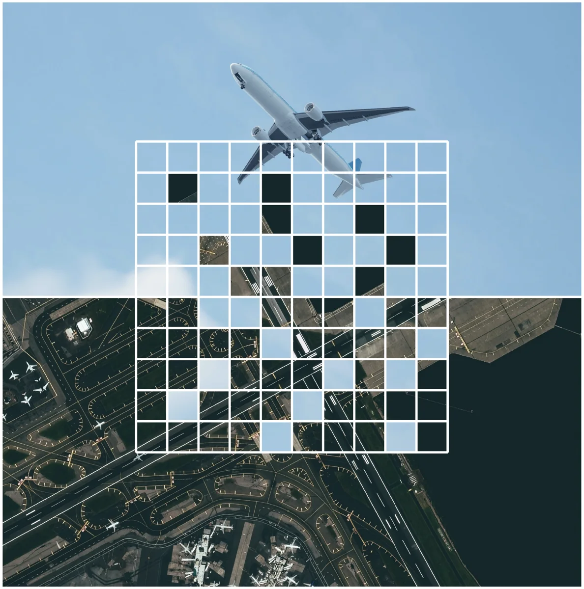 An airplane in flight and an airport from above, joined by the Relevance grid