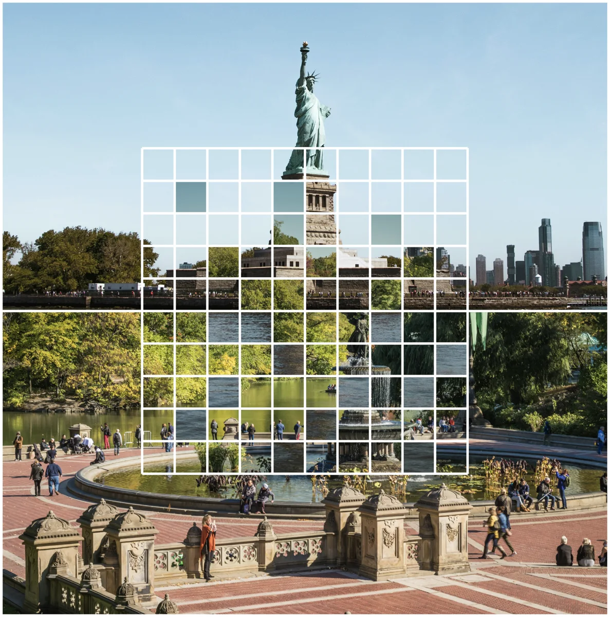 The Statue of Liberty and Bethesda Fountain, joined by the Relevance grid