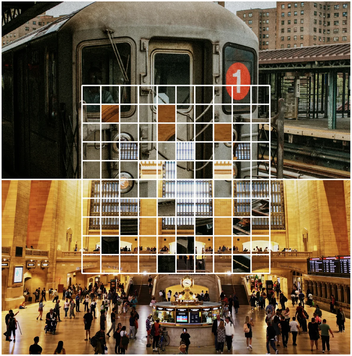 A subway train and Grand Central Terminal, joined by the Relevance grid