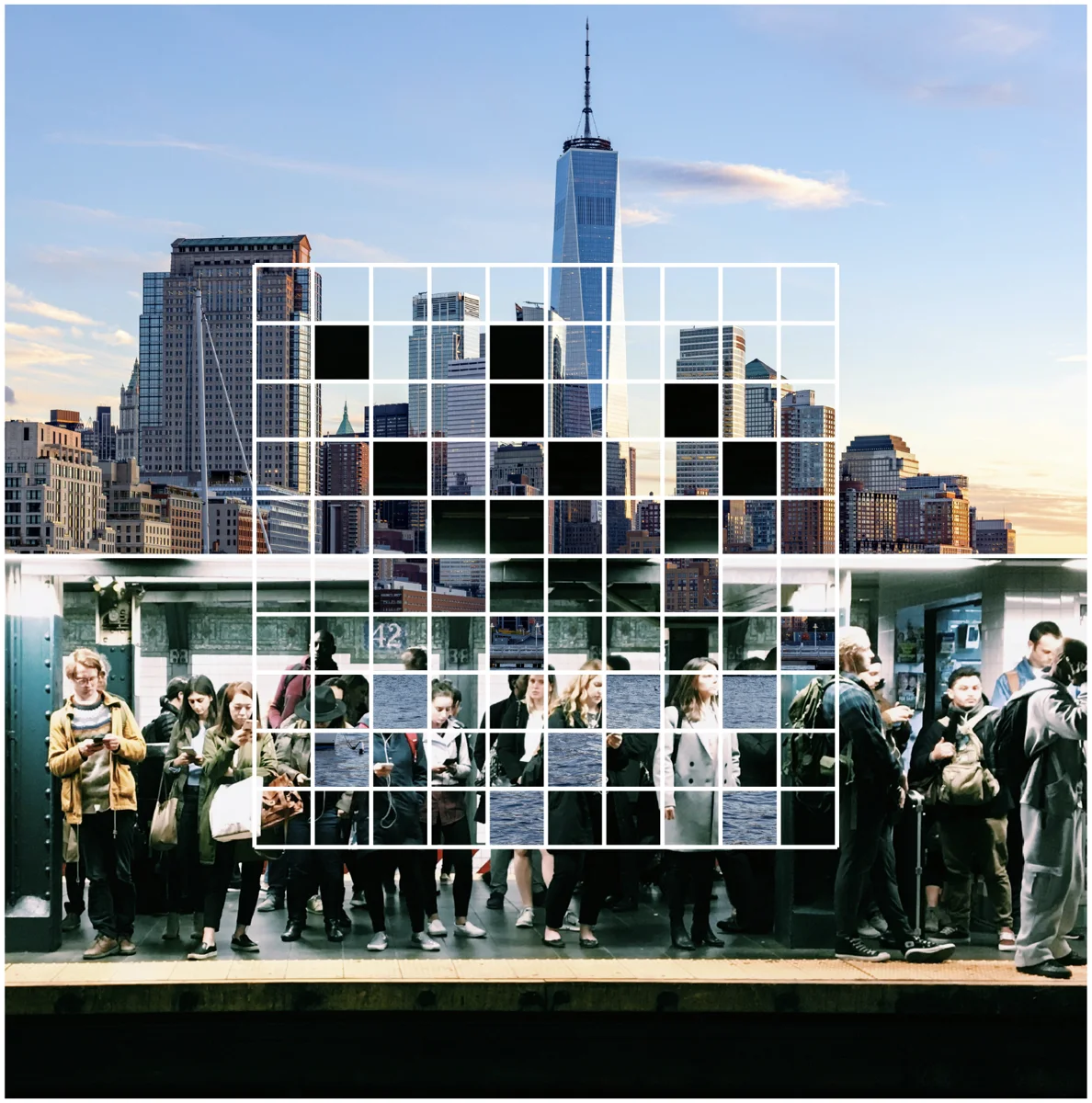 The Lower Manhattan skyline and a subway platform, joined by the Relevance grid